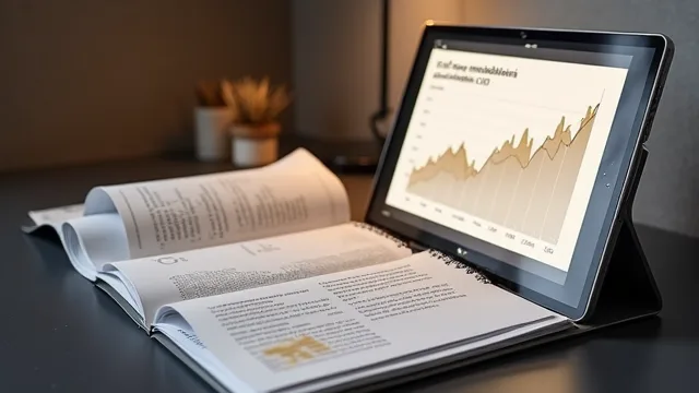 Tableta con un gráfico ascendente junto a un informe abierto sobre una mesa