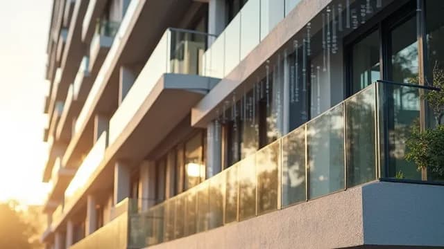 Fachada de un edificio residencial con balcones de cristal al atardecer