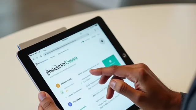 Manos sosteniendo una tableta con una aplicación en pantalla