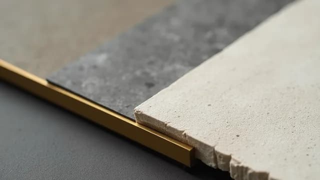 Detalle de materiales de reforma: piedra clara, pizarra y un perfil dorado