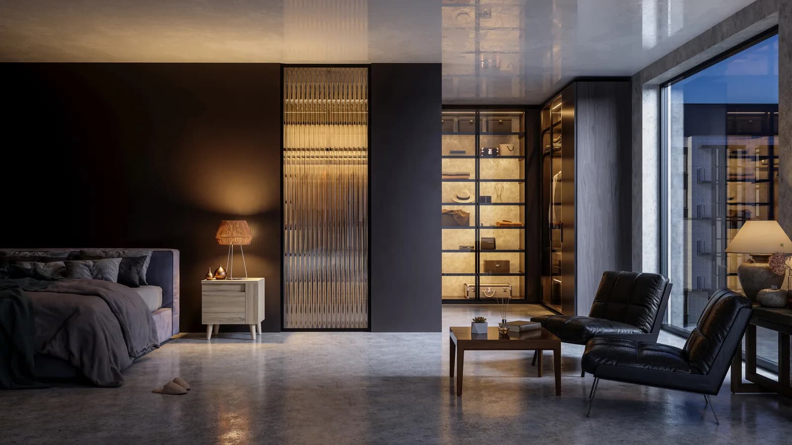 Interior de una vivienda contemporánea con estanterías y butacas en tonos oscuros