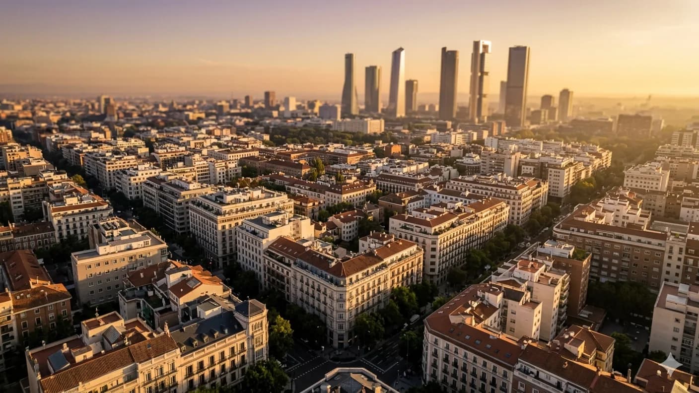 Vista aérea de edificios de Madrid al atardecer